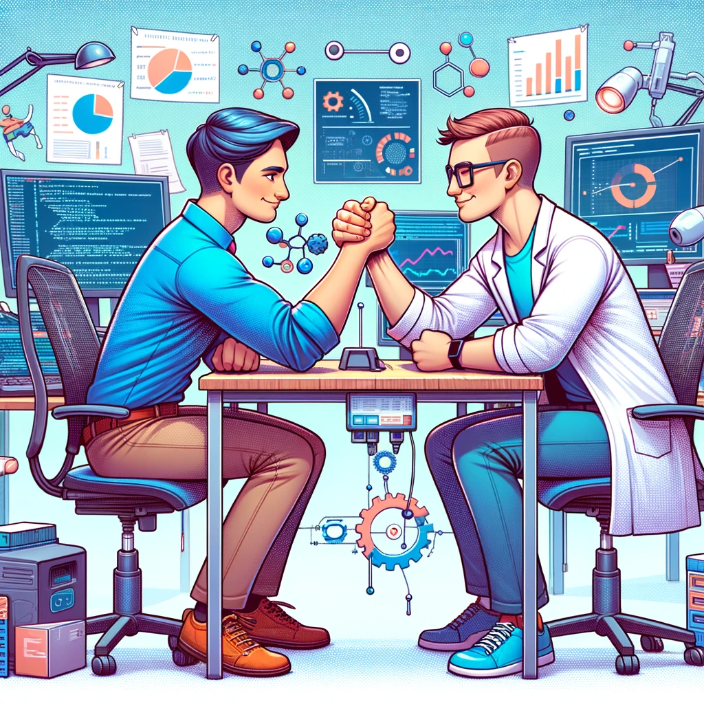 DALL·E 2023 12 28 22.06.39   An imaginative and playful illustration depicting a gender neutral machine learning engineer and a gender neutral data scientist engaged in an arm wre