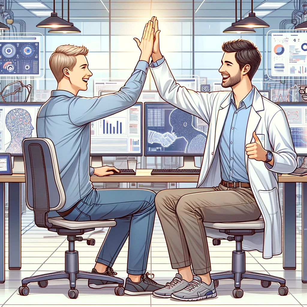 DALL·E 2023 12 28 22.11.45   An illustration of the same gender neutral machine learning engineer and gender neutral data scientist from the previous image, but now they are cheer