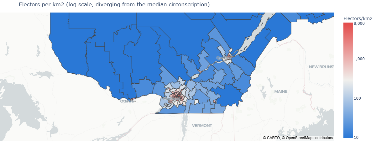Carte du nombre d'électeurs par kilomètre carré pour chaque circonscription électorale du sud du Québec